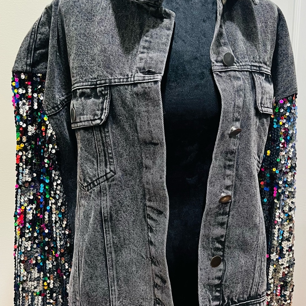 Flying Tomato Sequin Sleeve Denim Jacket Black L New Glam Festival - Picture 6 of 13
